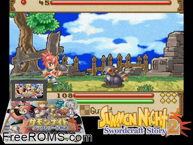 Summon Night - Craft Sword Monogatari 2 (Japan) Gameboy Advance game showing 3D box cover and gameplay screenshot