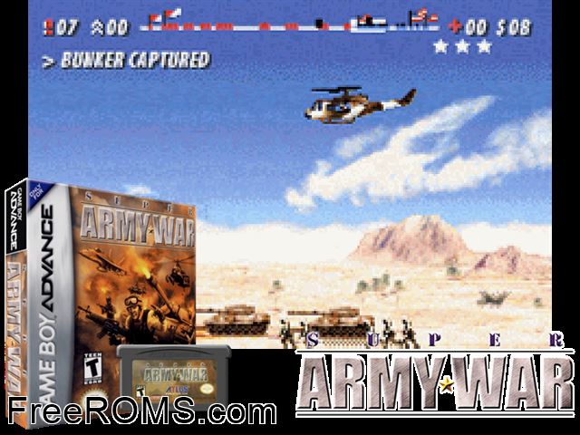 Super Army War Gameboy Advance game showing 3D box cover and gameplay screenshot