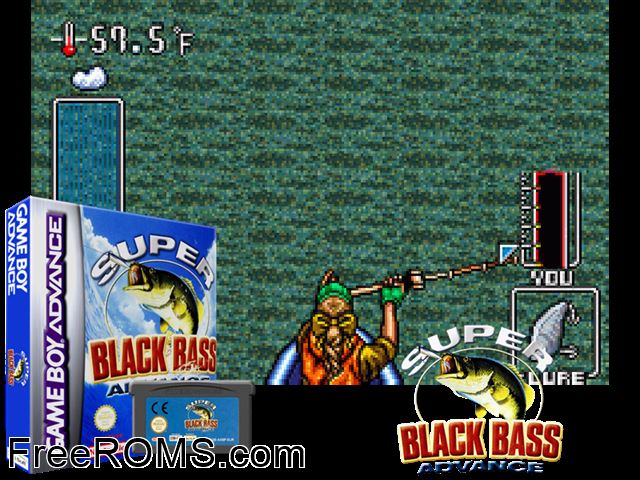 Super Black Bass Advance Gameboy Advance game showing 3D box cover and gameplay screenshot