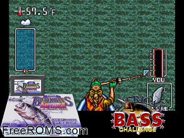 Super Black Bass Advance (Japan) Gameboy Advance game showing 3D box cover and gameplay screenshot