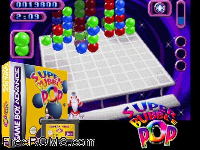Super Bubble Pop Gameboy Advance game showing 3D box cover and gameplay screenshot