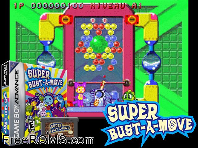 Super Bust-A-Move Gameboy Advance game showing 3D box cover and gameplay screenshot