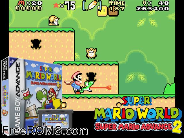Super Mario Advance 2 (Japan) Gameboy Advance game showing 3D box cover and gameplay screenshot