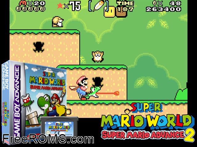 Super Mario Advance 2 Super Mario World Gameboy Advance game showing 3D box cover and gameplay screenshot