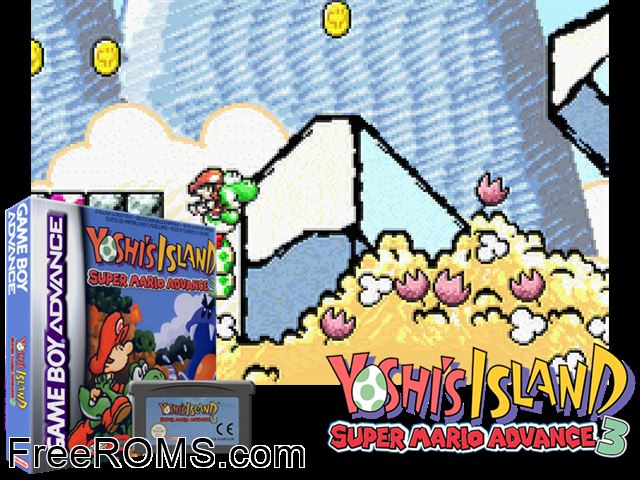 Super Mario Advance 3 Yoshi's Island Gameboy Advance game showing 3D box cover and gameplay screenshot