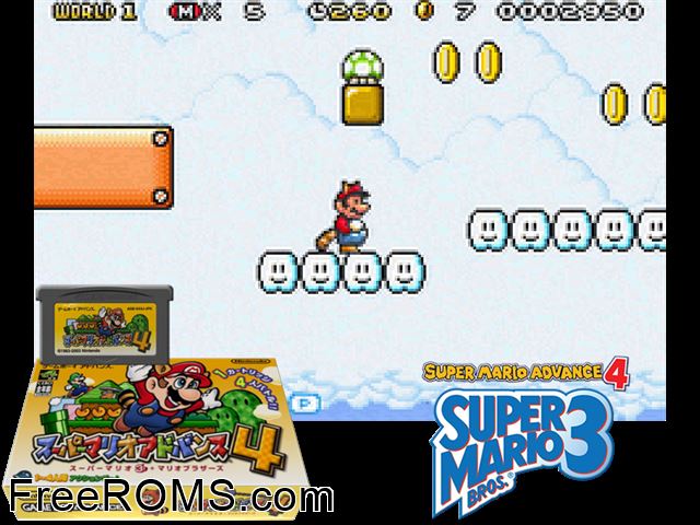Super Mario Advance 4 (1.2) (Japan) Gameboy Advance game showing 3D box cover and gameplay screenshot