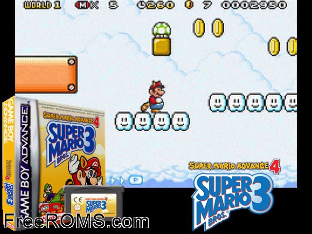 Super Mario Advance 4 Super Mario Bros. 3 (V1.0) Gameboy Advance game showing 3D box cover and gameplay screenshot