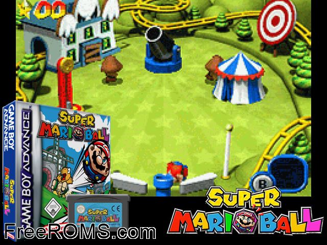 Super Mario Ball Gameboy Advance game showing 3D box cover and gameplay screenshot