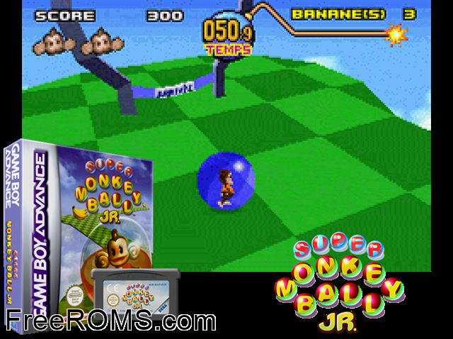 Super Monkey Ball Jr. Gameboy Advance game showing 3D box cover and gameplay screenshot