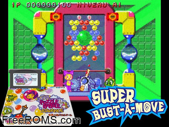 Super Puzzle Bobble Advance (Japan) Gameboy Advance game showing 3D box cover and gameplay screenshot