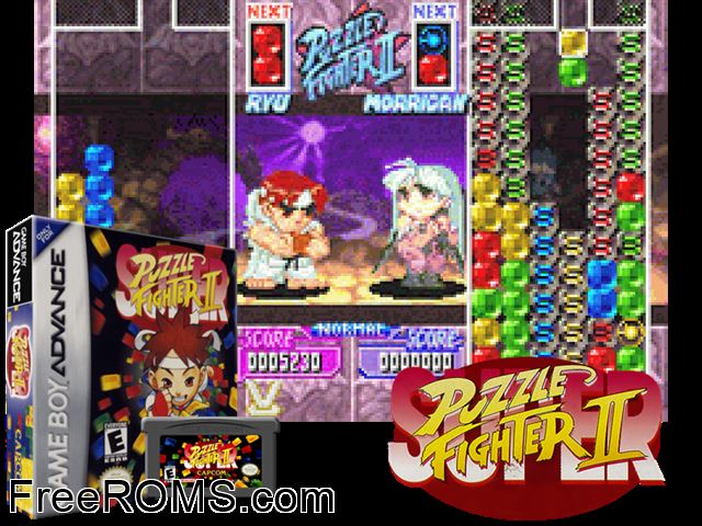 Super Puzzle Fighter II Turbo Gameboy Advance game showing 3D box cover and gameplay screenshot