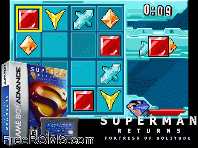 Superman Returns - Fortress Of Solitude Gameboy Advance game showing 3D box cover and gameplay screenshot