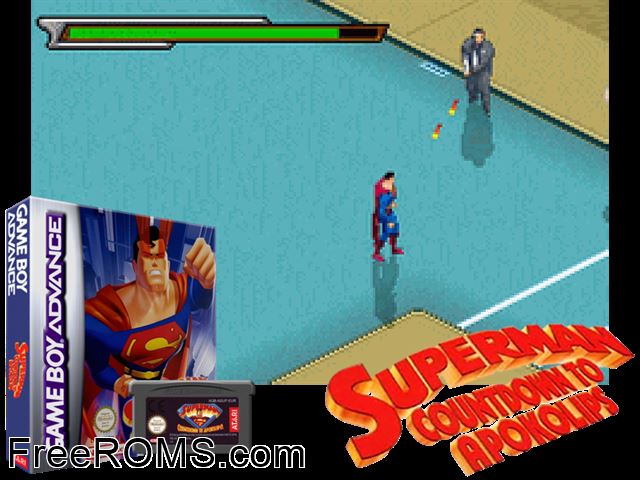 Superman - Countdown To Apokolips Gameboy Advance game showing 3D box cover and gameplay screenshot