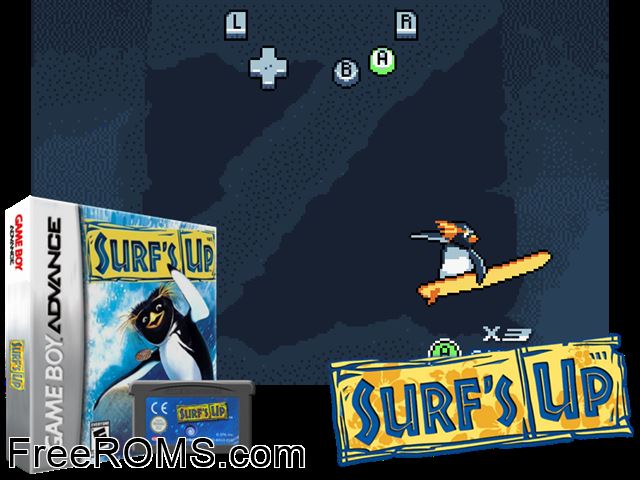 Surf's Up Gameboy Advance game showing 3D box cover and gameplay screenshot