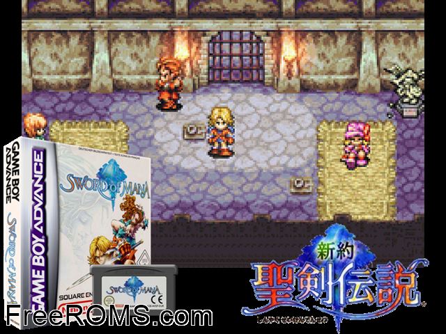 Sword Of Mana Gameboy Advance game showing 3D box cover and gameplay screenshot