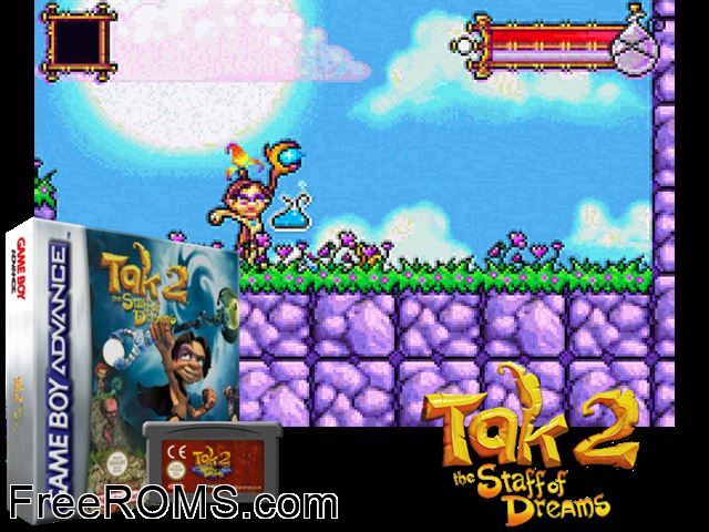 Tak 2 - The Staff Of Dreams Gameboy Advance game showing 3D box cover and gameplay screenshot