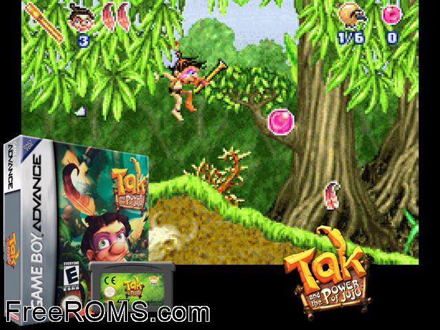 Tak And The Power Of Juju Gameboy Advance game showing 3D box cover and gameplay screenshot