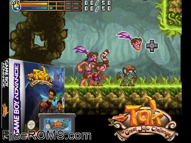 Tak - The Great Juju Challenge Gameboy Advance game showing 3D box cover and gameplay screenshot