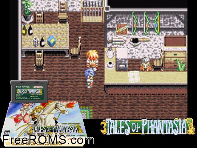 Tales Of Phantasia (Japan) Gameboy Advance game showing 3D box cover and gameplay screenshot