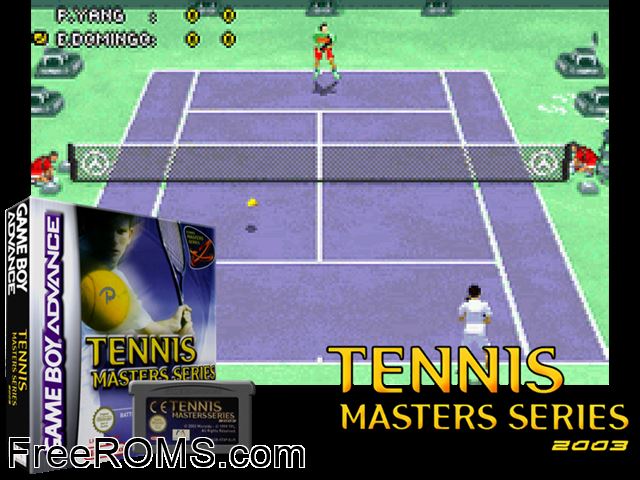 Tennis Masters Series 2003 Gameboy Advance game showing 3D box cover and gameplay screenshot
