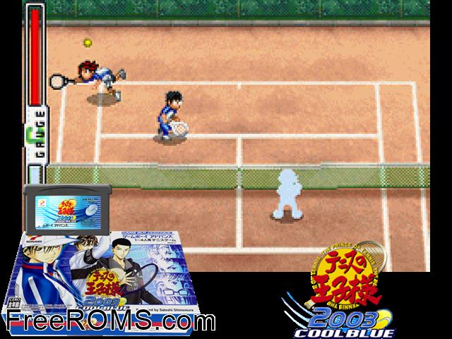 Tennis No Ouji-Sama 2003 - Cool Blue (Japan) Gameboy Advance game showing 3D box cover and gameplay screenshot