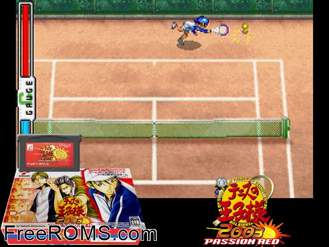 Tennis No Ouji-Sama 2003 - Passion Red (Japan) Gameboy Advance game showing 3D box cover and gameplay screenshot