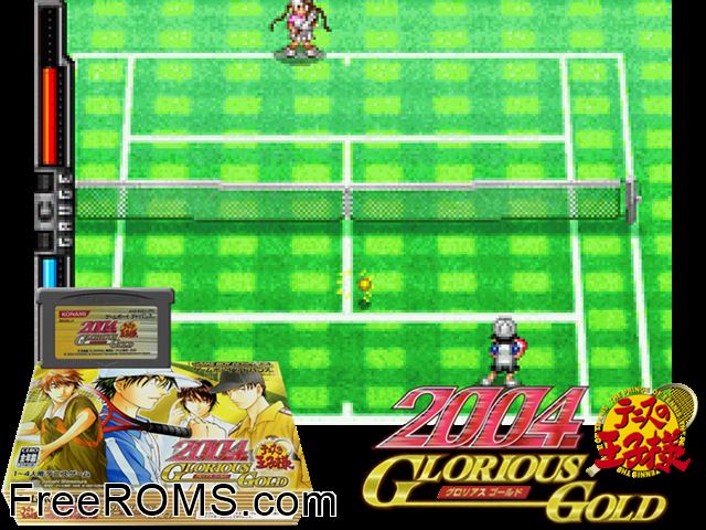 Tennis No Ouji-Sama 2004 - Glorious Gold (Japan) Gameboy Advance game showing 3D box cover and gameplay screenshot