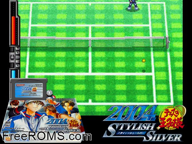 Tennis No Ouji-Sama 2004 - Stylish Silver (Japan) Gameboy Advance game showing 3D box cover and gameplay screenshot