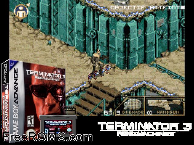 Terminator 3 - Rise Of The Machines Gameboy Advance game showing 3D box cover and gameplay screenshot