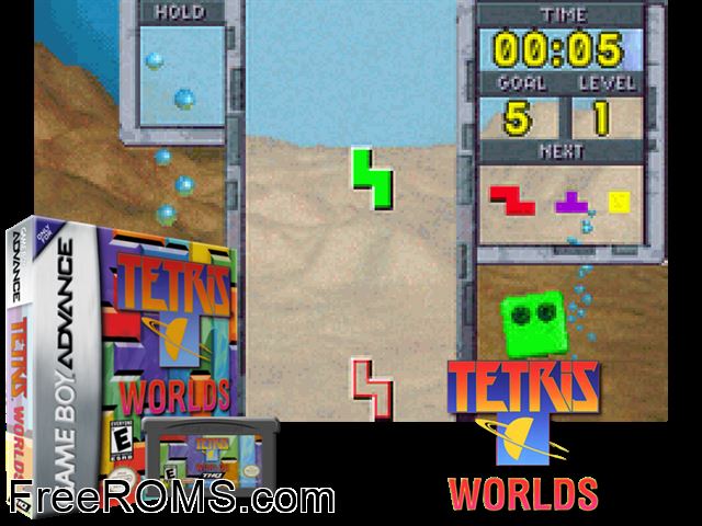 Tetris Worlds Gameboy Advance game showing 3D box cover and gameplay screenshot