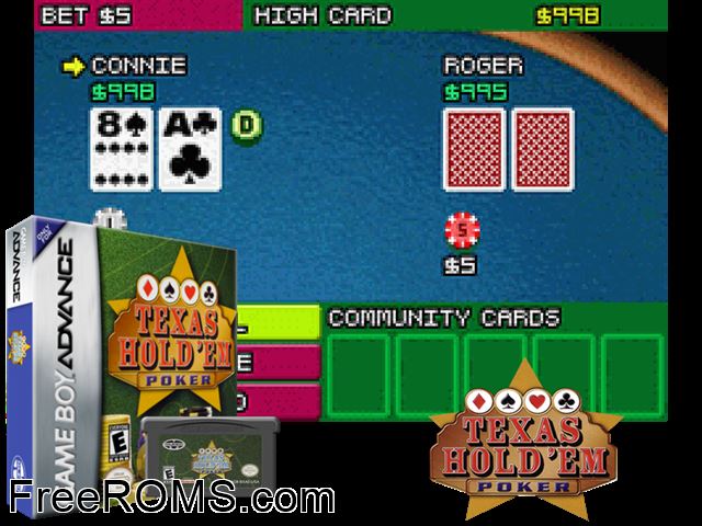 Texas Hold'Em Poker Gameboy Advance game showing 3D box cover and gameplay screenshot
