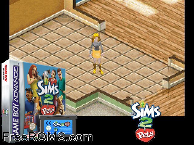 The Sims 2 - Pets Gameboy Advance game showing 3D box cover and gameplay screenshot