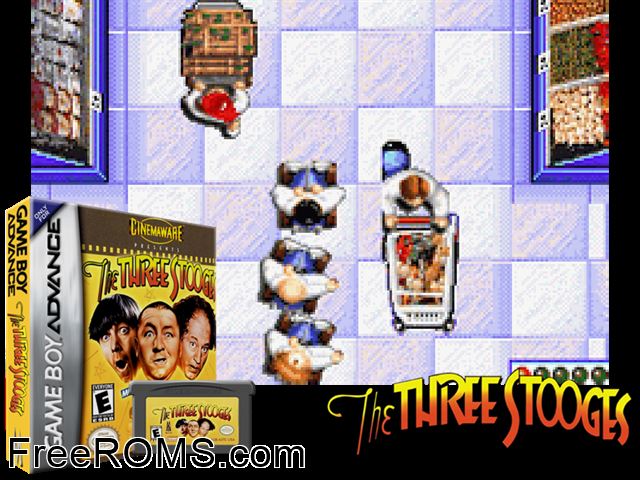 Three Stooges, The Gameboy Advance game showing 3D box cover and gameplay screenshot