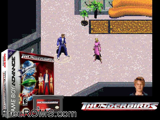 Thunderbirds Gameboy Advance game showing 3D box cover and gameplay screenshot