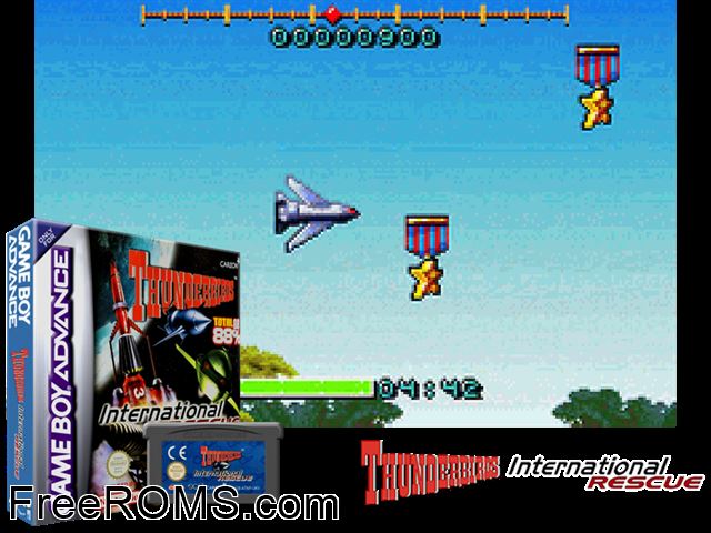 Thunderbirds - International Rescue Gameboy Advance game showing 3D box cover and gameplay screenshot