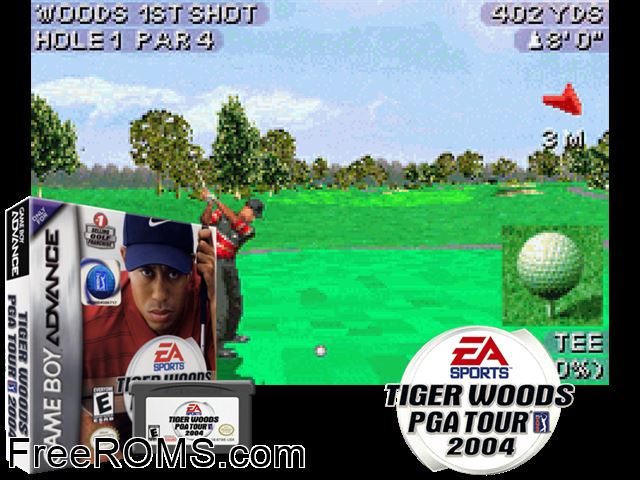 Tiger Woods Pga Tour 2004 Gameboy Advance game showing 3D box cover and gameplay screenshot