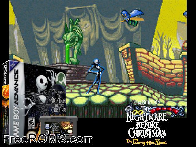 Tim Burton's The Nightmare Before Christmas - The Pumpkin King Gameboy Advance game showing 3D box cover and gameplay screenshot