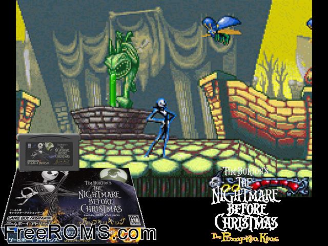 Tim Burton's The Nightmare Before Christmas - The Pumpkin King (Japan) Gameboy Advance game showing 3D box cover and gameplay screenshot