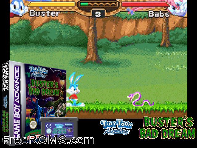 Tiny Toon Adventures - Buster's Bad Dream Gameboy Advance game showing 3D box cover and gameplay screenshot
