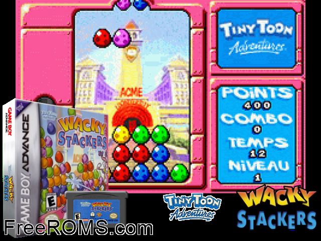Tiny Toon Adventures - Wacky Stackers Gameboy Advance game showing 3D box cover and gameplay screenshot