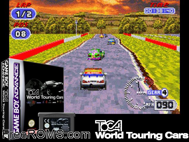 Toca World Touring Cars Gameboy Advance game showing 3D box cover and gameplay screenshot