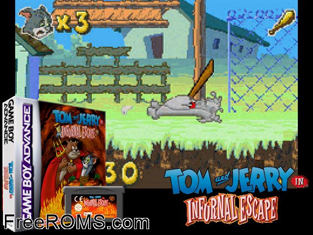 Tom And Jerry In Infurnal Escape Gameboy Advance game showing 3D box cover and gameplay screenshot