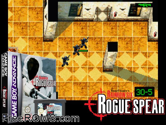 Tom Clancy's Rainbow Six - Rogue Spear Gameboy Advance game showing 3D box cover and gameplay screenshot