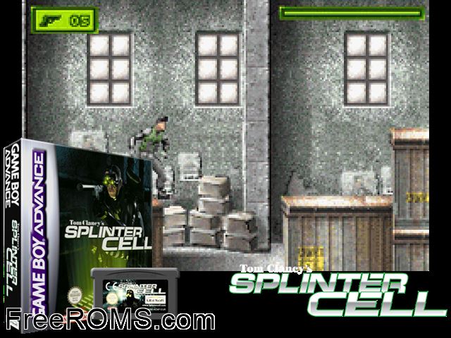 Tom Clancy's Splinter Cell Gameboy Advance game showing 3D box cover and gameplay screenshot