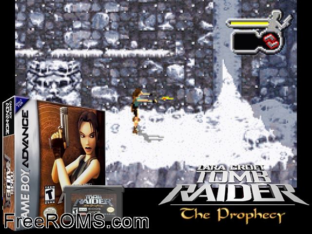 Tomb Raider - The Prophecy Gameboy Advance game showing 3D box cover and gameplay screenshot
