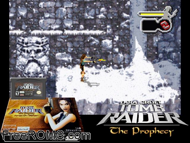 Tomb Raider - The Prophecy (Japan) Gameboy Advance game showing 3D box cover and gameplay screenshot