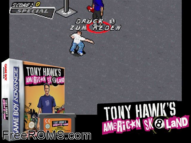 Tony Hawk's American Sk8land Gameboy Advance game showing 3D box cover and gameplay screenshot