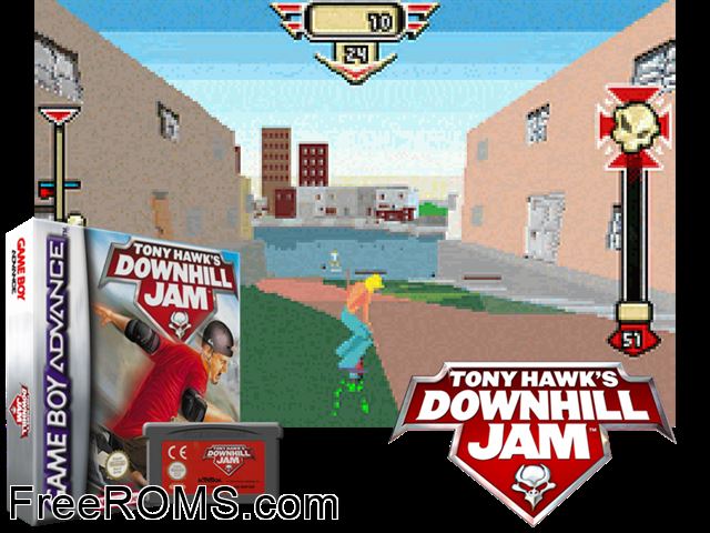 Tony Hawk's Downhill Jam Gameboy Advance game showing 3D box cover and gameplay screenshot