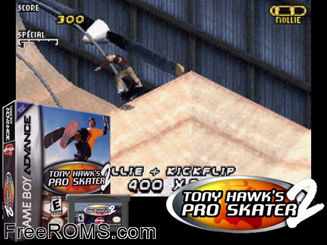 Tony Hawk's Pro Skater 2 Gameboy Advance game showing 3D box cover and gameplay screenshot