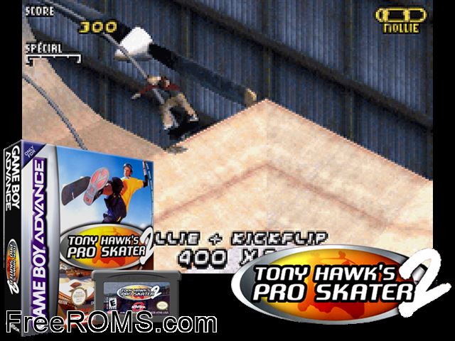 Tony Hawk's Pro Skater 2 (France) Gameboy Advance game showing 3D box cover and gameplay screenshot